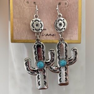 LU Gaeta Silvertone,Faux Turquoise stone, Stamped Saguaro Cactus fishhook drop